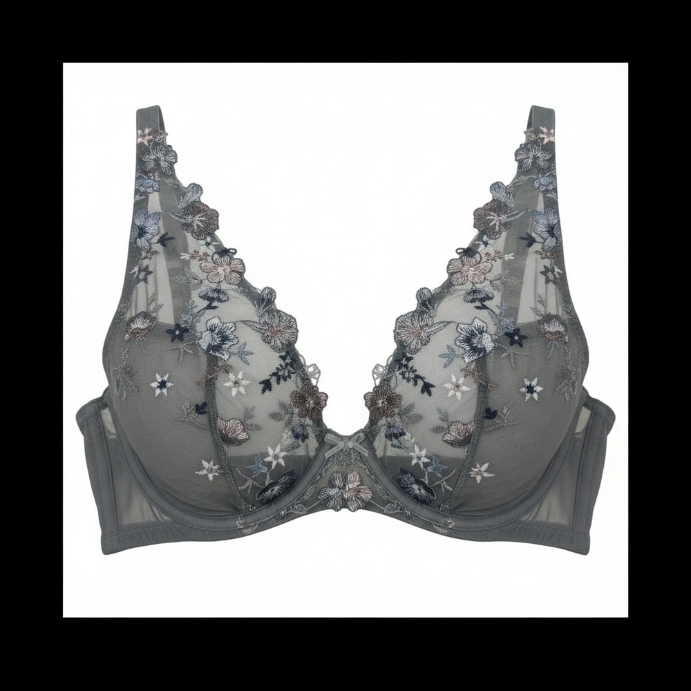 Cosabella 34C Grey Floral Embroidered Mesh Plunge Underwire Bra Womens